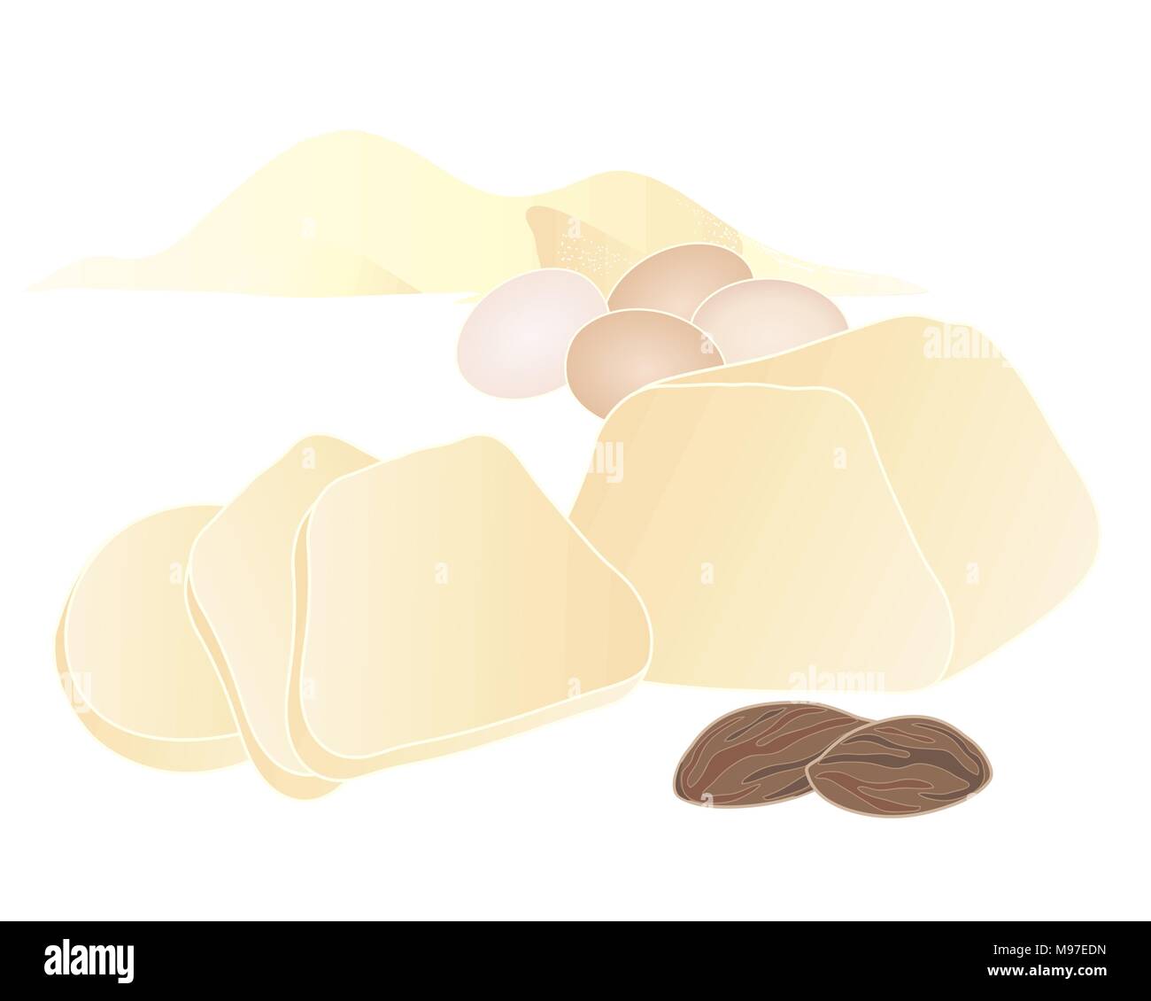 Ein Vektor Abbildung im EPS 10-Format von einem Stück Marzipan mit Scheiben Mandeln Eier und Zucker Stapel auf weißem Hintergrund Stock Vektor
