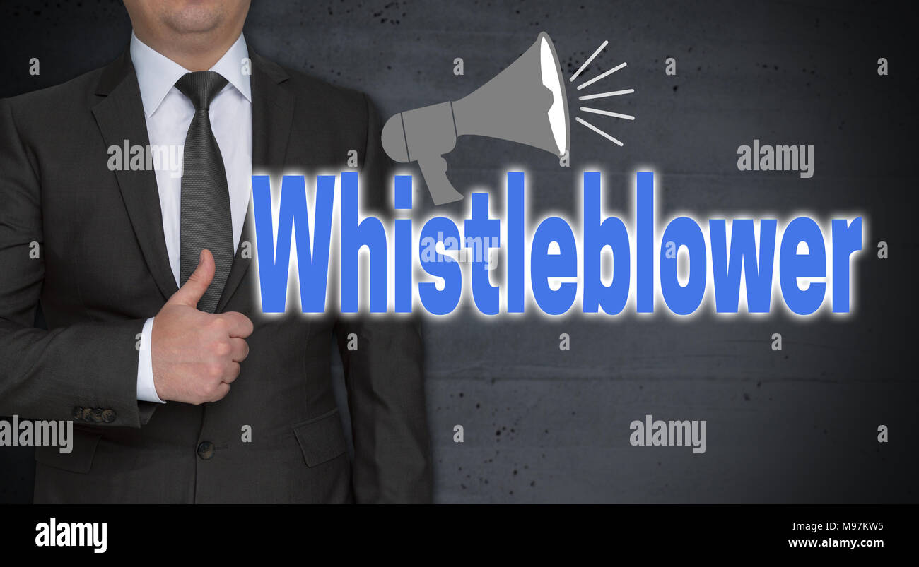 Whistleblower Konzept und Geschäftsmann mit Daumen nach oben. Stockfoto