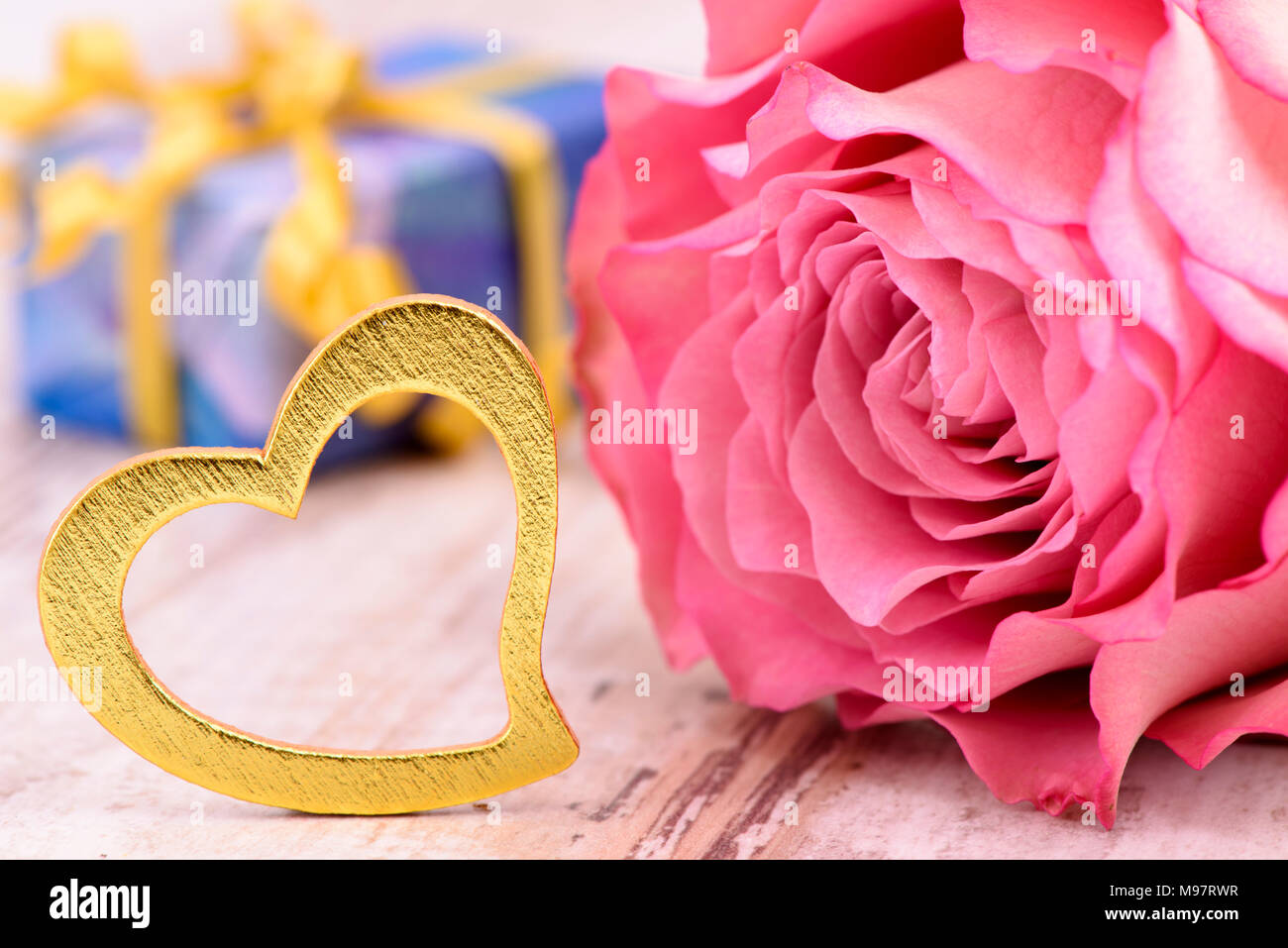 Valentines Tag in Romanze mit Rose und Herz als Symbol für die Liebe Stockfoto