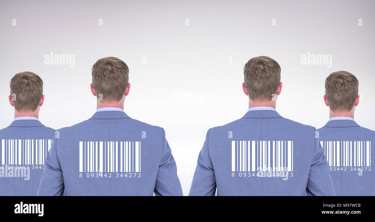 Klonen von Menschen in der Gruppe mit Barcodes auf dem Rücken Stockfoto