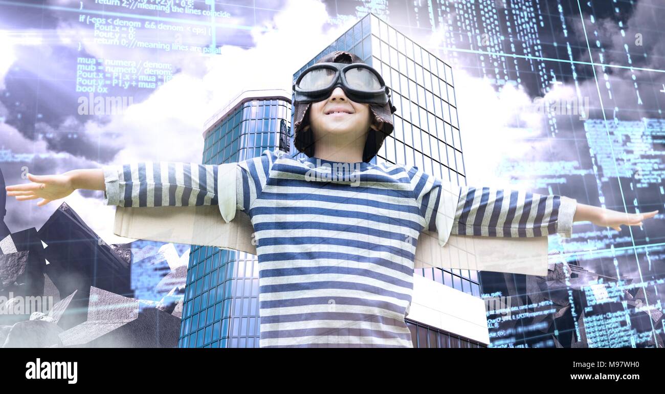 Pilot Flying Boy stretching Arme und hohen Gebäuden mit wirtschaftlichen Finanzen grid Hintergrund Stockfoto