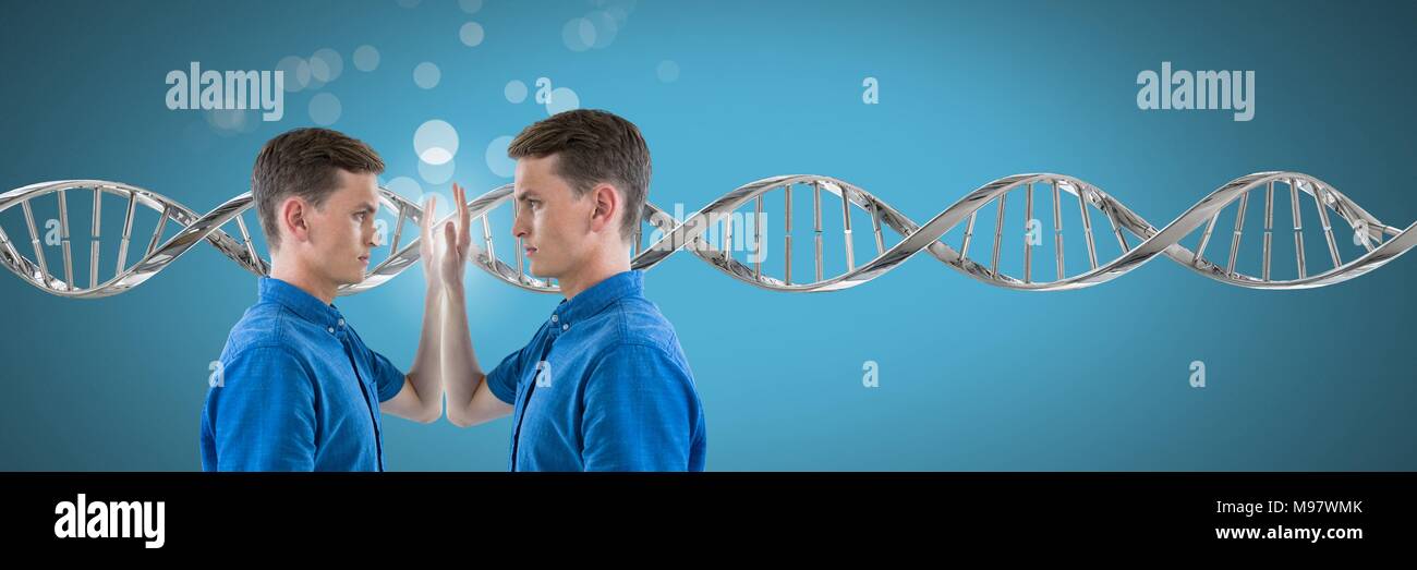 Clone twin Mann selbst berühren mit genetischen DNA und funkelt Stockfoto