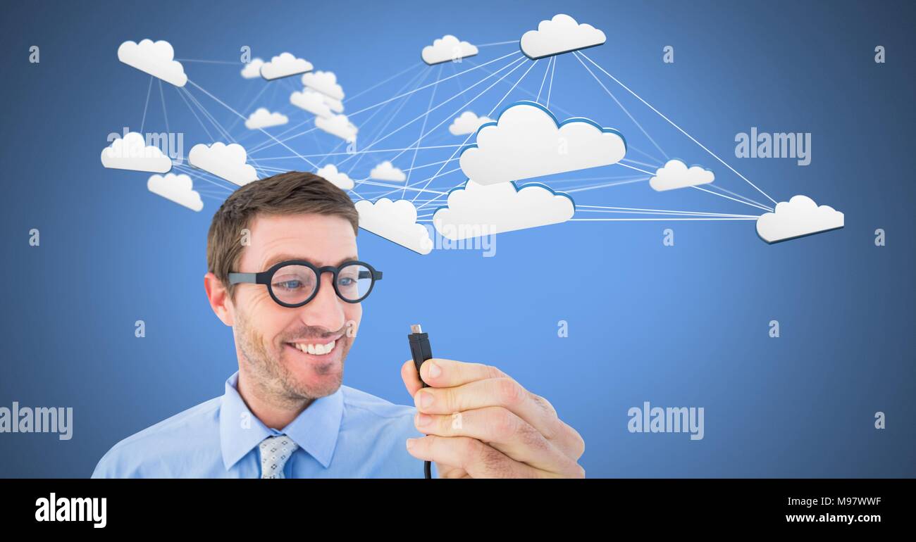 Mann mit Kabel Verbindung mit Wolken Stockfoto