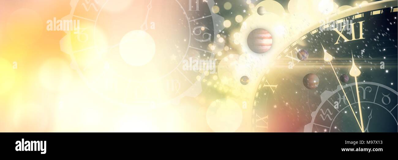 Astrologie Sternzeichen mit Zeit und Raum und Planeten und Gold leuchtet Stockfoto