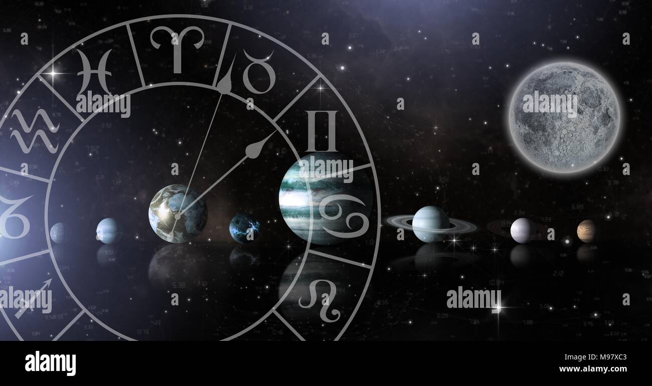 Astrologie Sternzeichen mit Planeten in Raum und Mond Stockfoto