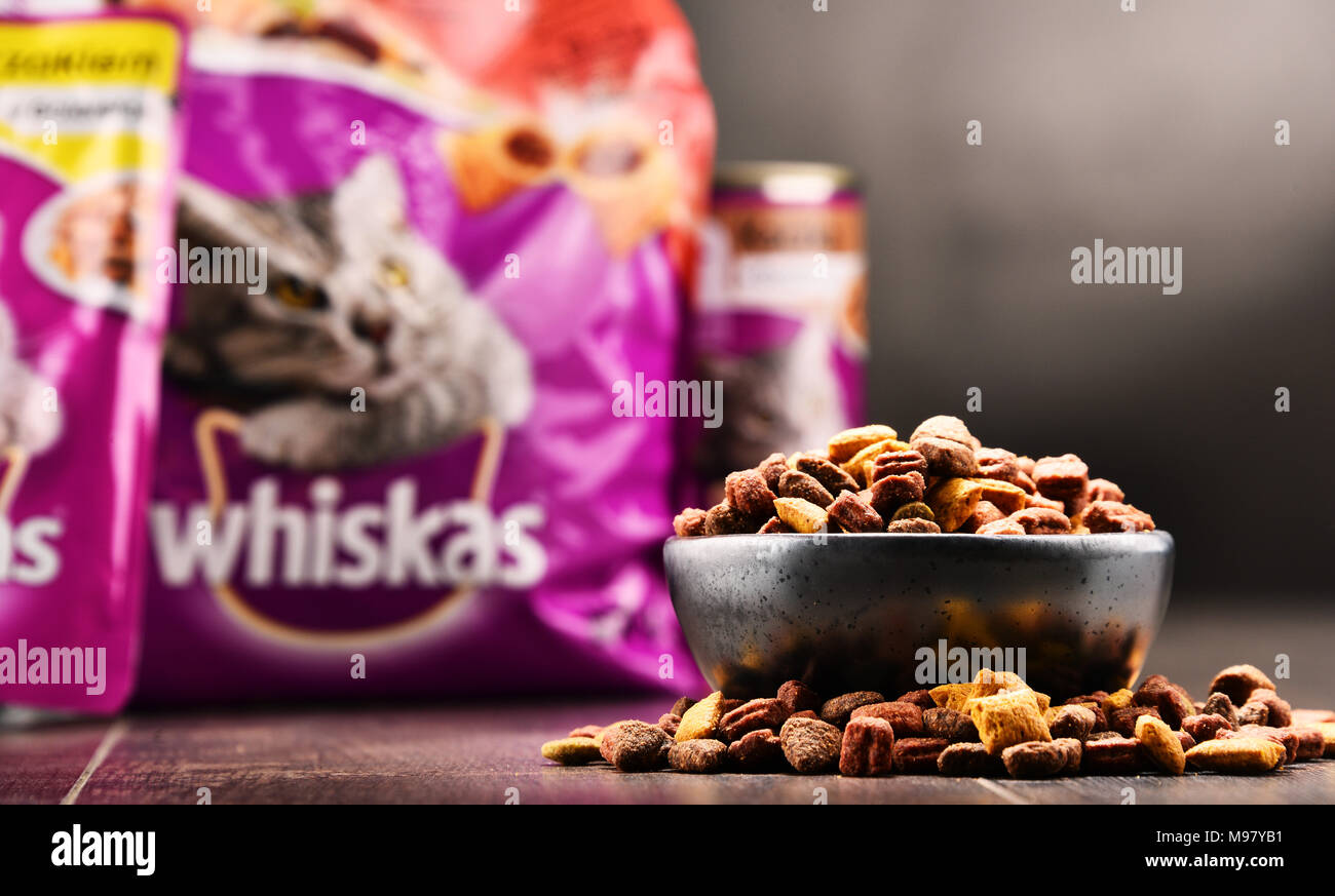 POZNAN, Polen - 21.Februar 2018: Produkte, globale Marke Whiskas Katzenfutter von der amerikanischen Firma Mars, Inc., verfügbar als Fleisch - wie Stücke produziert Stockfoto