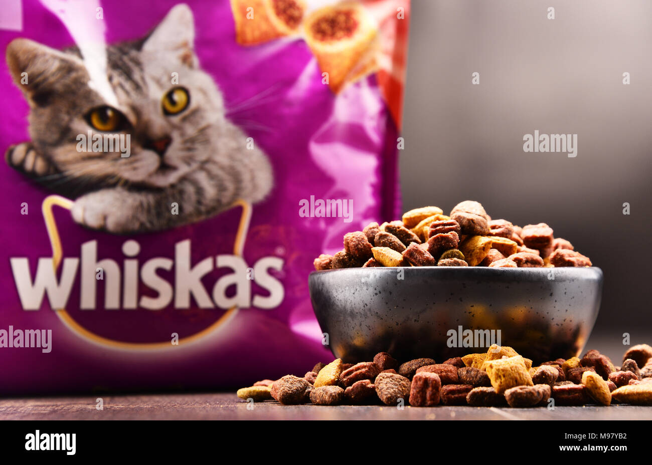 POZNAN, Polen - 21.Februar 2018: Produkte, globale Marke Whiskas  Katzenfutter von der amerikanischen Firma Mars, Inc., verfügbar als Fleisch  - wie Stücke produziert Stockfotografie - Alamy