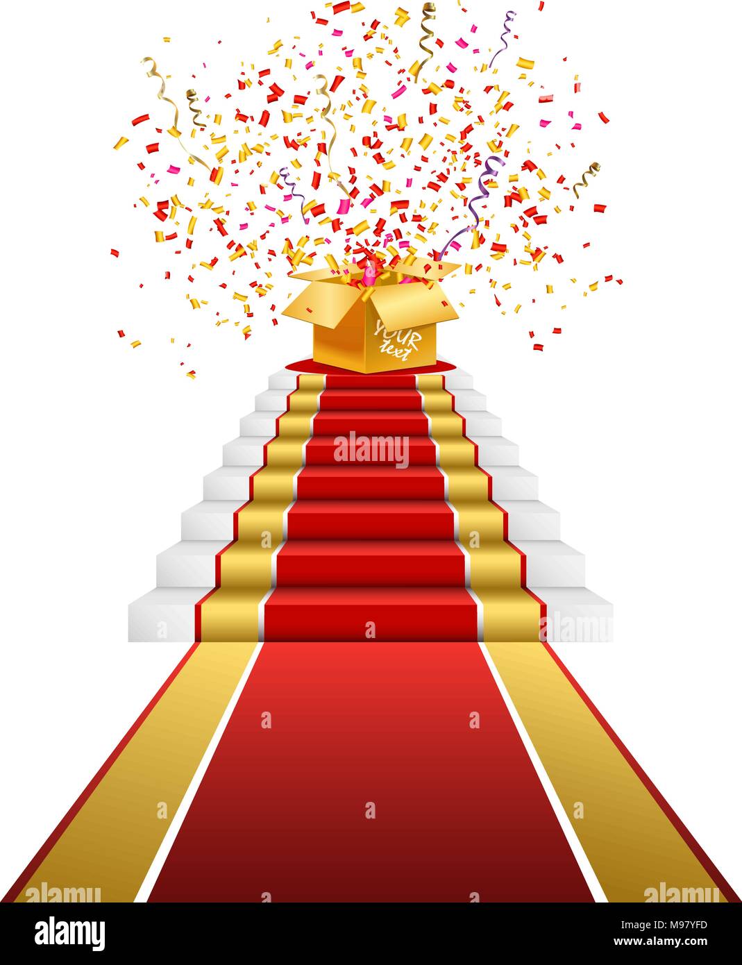 Eine Treppe mit rotem Teppich. Preis, Geschenkboxen. Realistische Darstellung Stock Vektor
