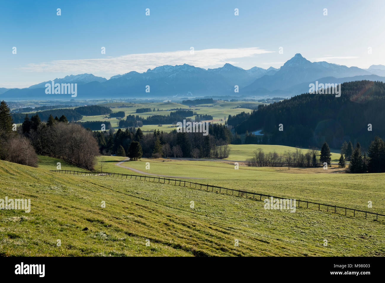 Panoramablick vom Schlossberg bei Eisenberg, Hopfensee und Ammergauer Alpen mit Säuling, Ostallgäu, Allgäu, Schwaben, Bayern, Deutschland, Stockfoto
