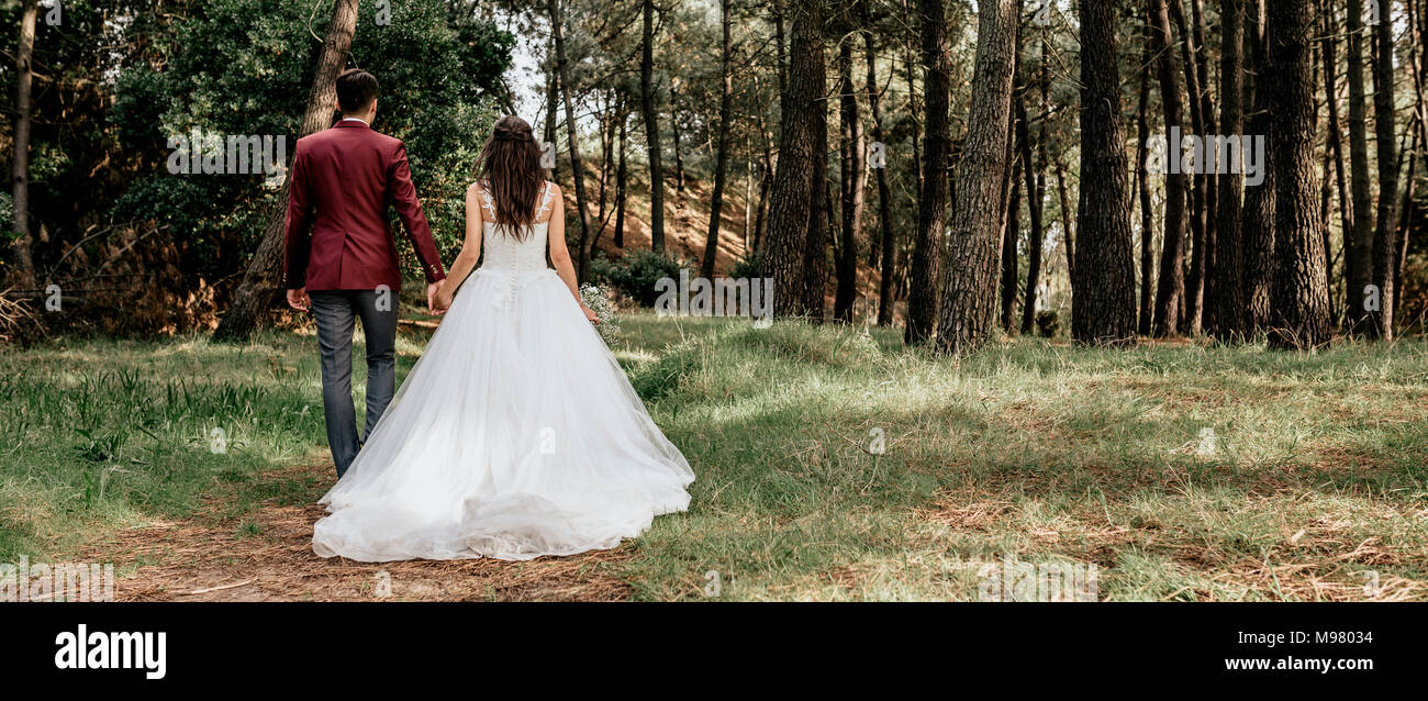 Rückansicht der Braut und Bräutigam walking im Wald Stockfoto