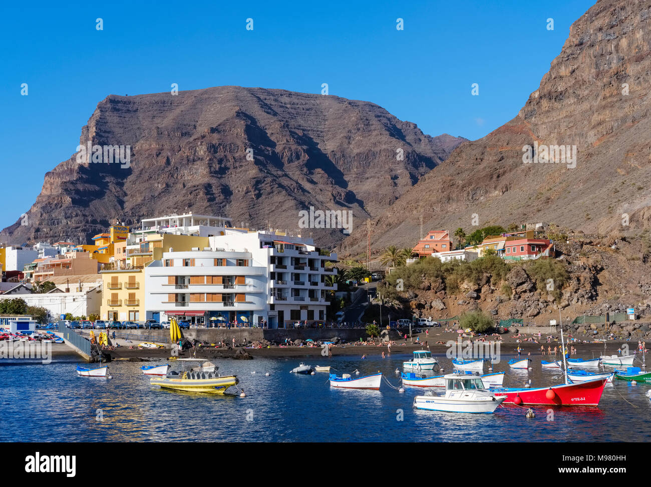 Fischerboote im Hafen, Vueltas, Valle Gran Rey, La Gomera, Kanarische Inseln, Spanien Stockfoto