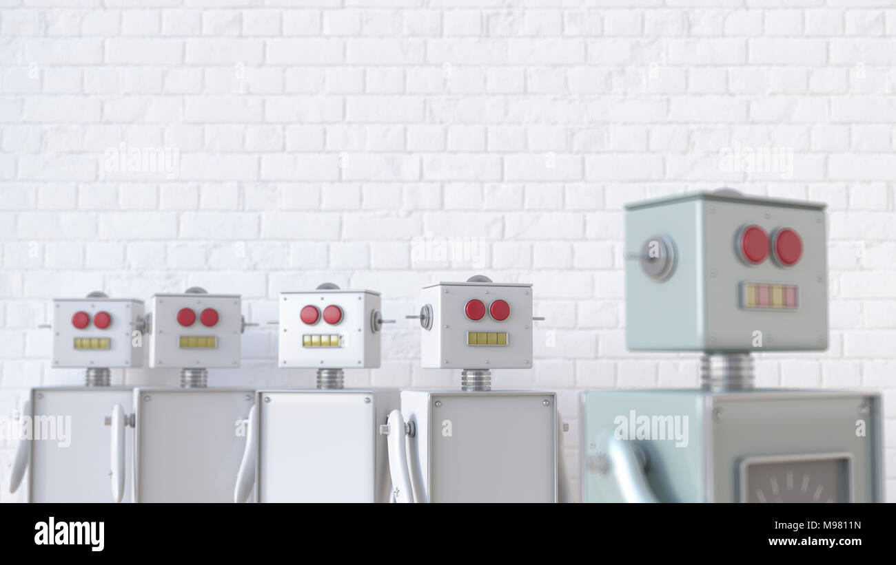 Gruppe von Robotern mit einer getrennt von den anderen, 3D-Rendering Stockfoto