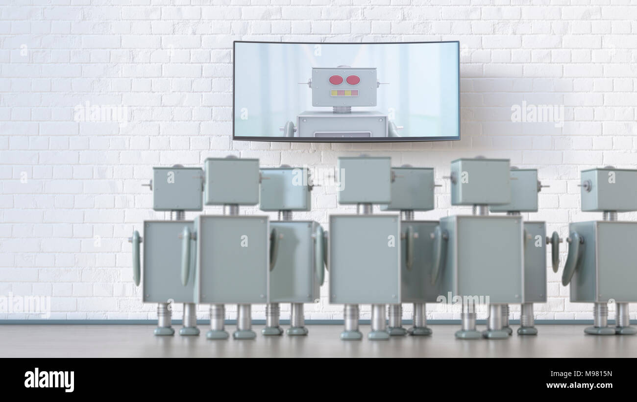 Gruppe Roboter in einem Raum am Bildschirm mit Roboter suchen, 3D-Rendering Stockfoto