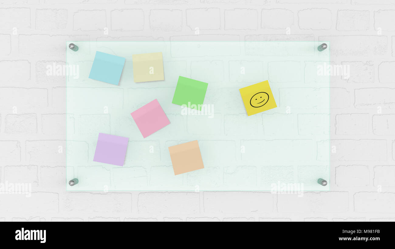 Pinnwand mit Smiley auf Memo, 3D-Rendering Stockfoto