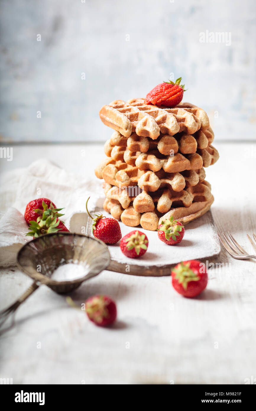 Belgische Waffeln mit Erdbeeren und Puderzucker Stockfoto