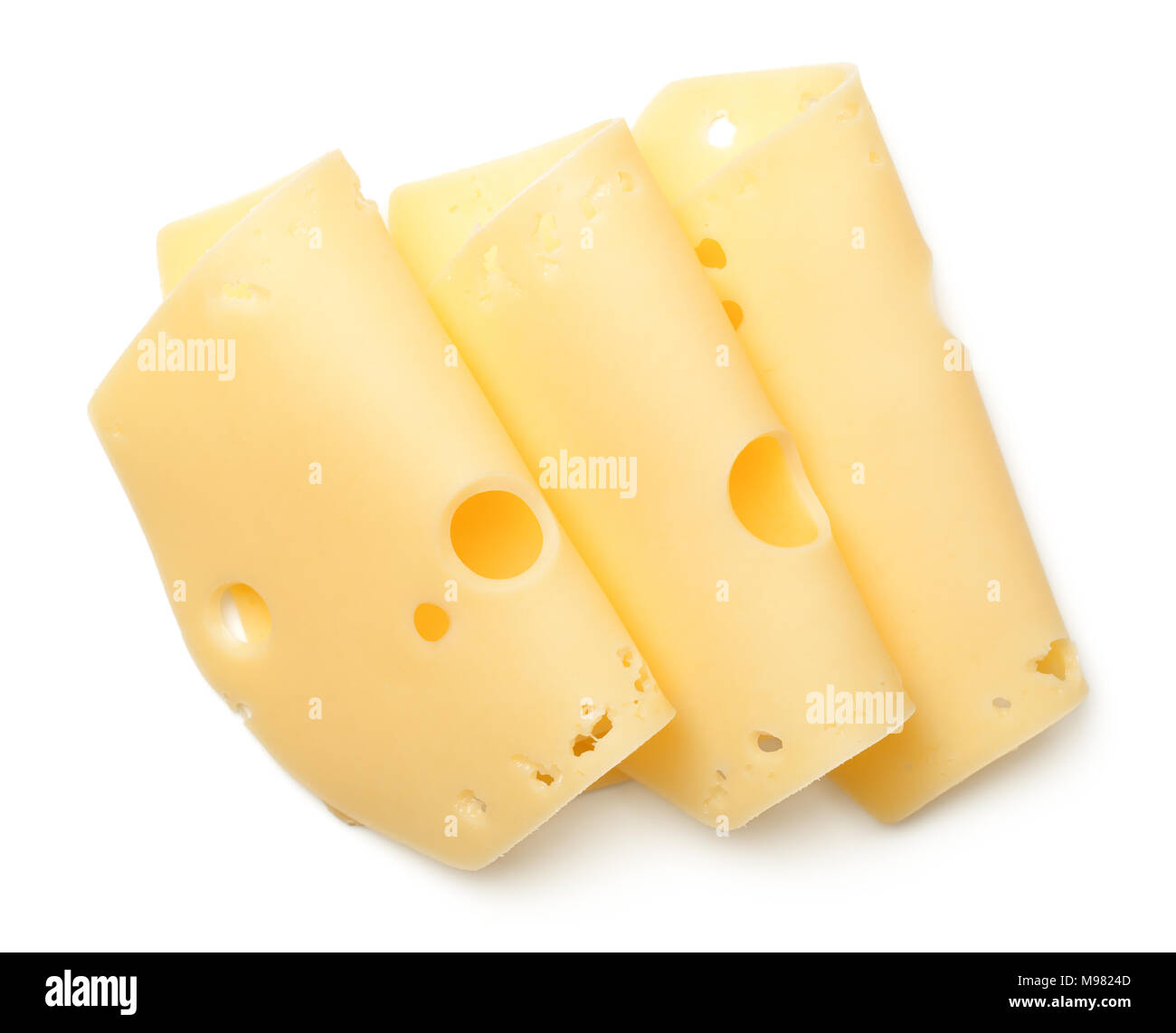 Käse Schichten isoliert auf weißem Hintergrund. Edamer Käse. Ansicht von oben Stockfoto
