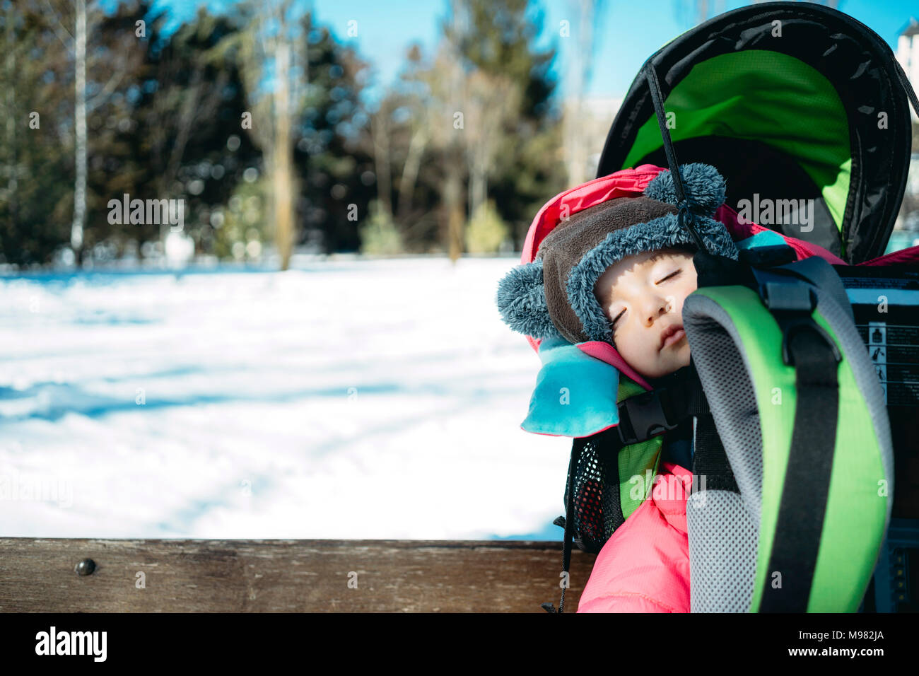 Frankreich, Osseja, Cute Baby Mädchen schlafen in einem Kid carrier Rucksack auf einer Bank in einer verschneiten Park Stockfoto