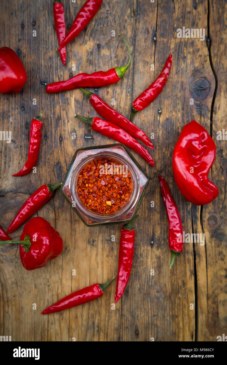 Rote Chilis und Chili Pulver Stockfoto