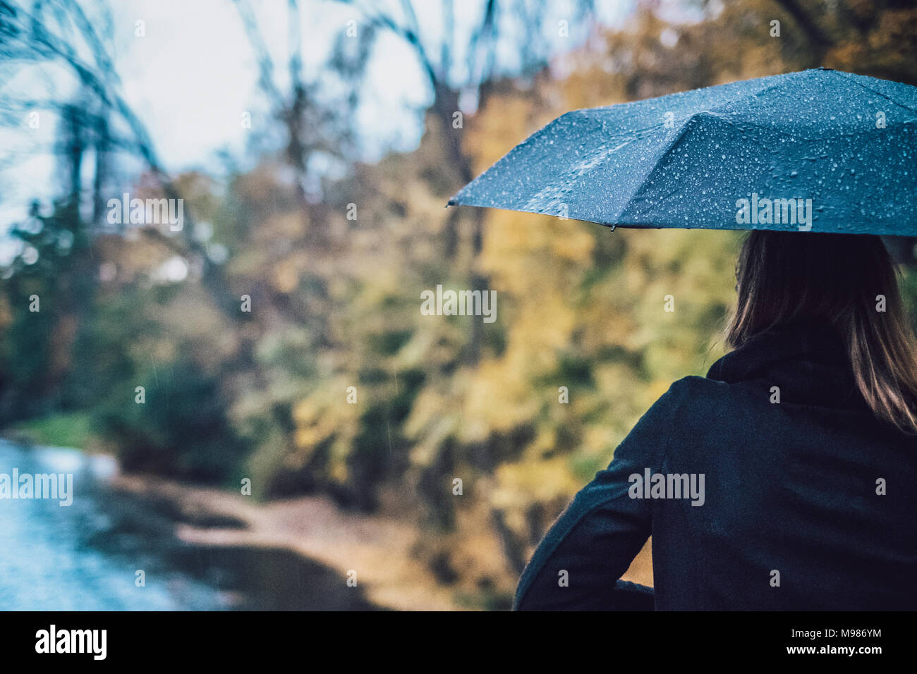 Rückansicht der jungen Frau mit nassen Regenschirm im Herbst Stockfoto