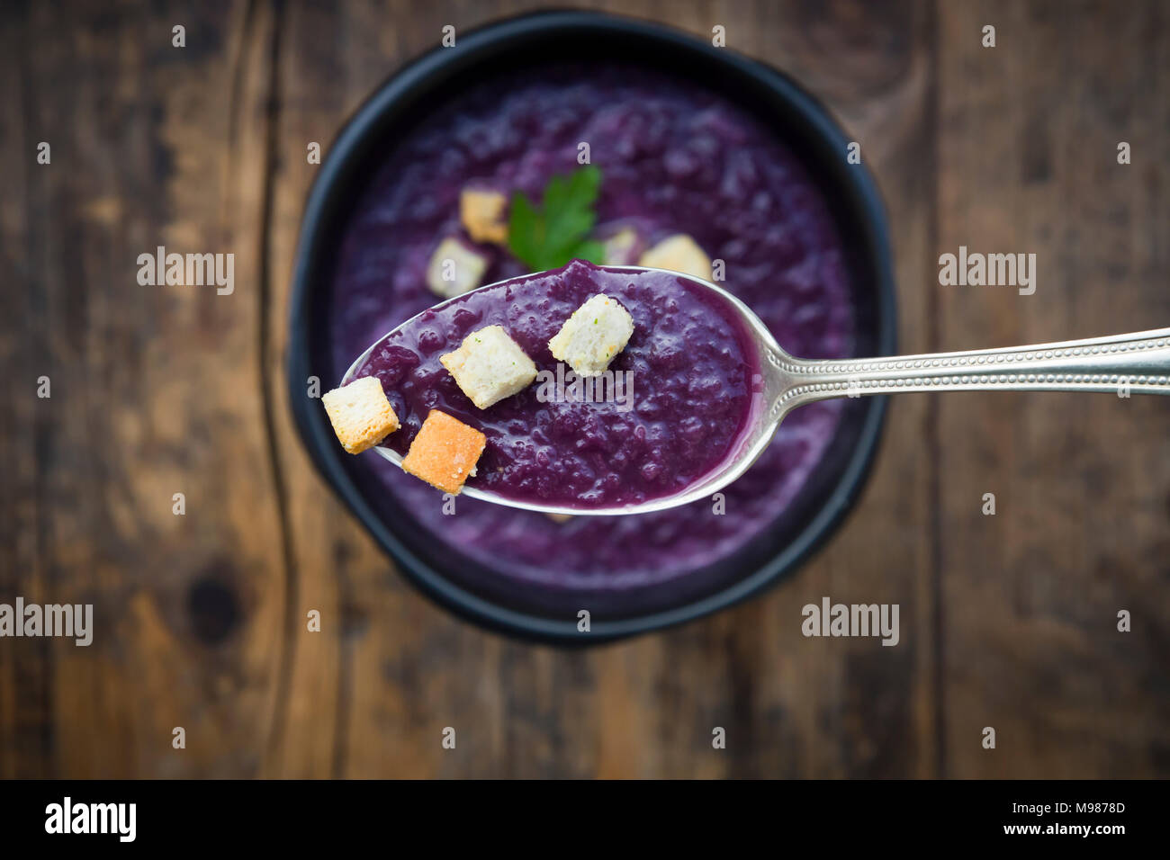 Rote Kohlsuppe und Croutons auf Löffel Stockfoto