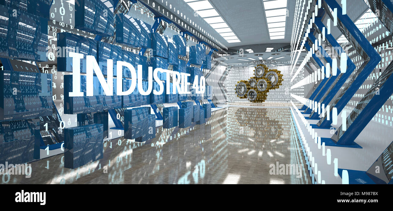 Industrie 4.0 mit Bytes und Zahnräder in die futuristische Zimmer, 3D-Darstellung Stockfoto