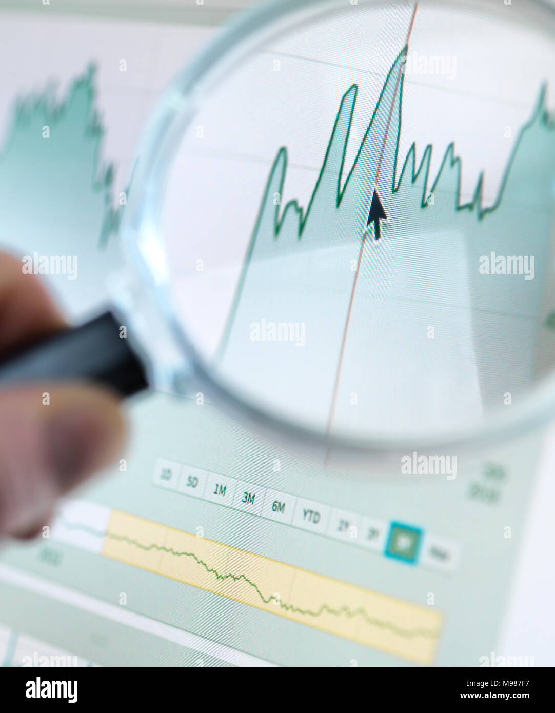 Investor Analyse Line Graph auf dem Computerbildschirm mit Lupe Stockfoto