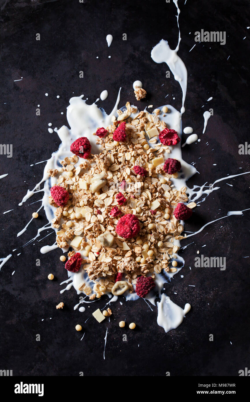 Schokolade Obst Müsli mit getrocknete Himbeeren auf Joghurt splash Stockfoto