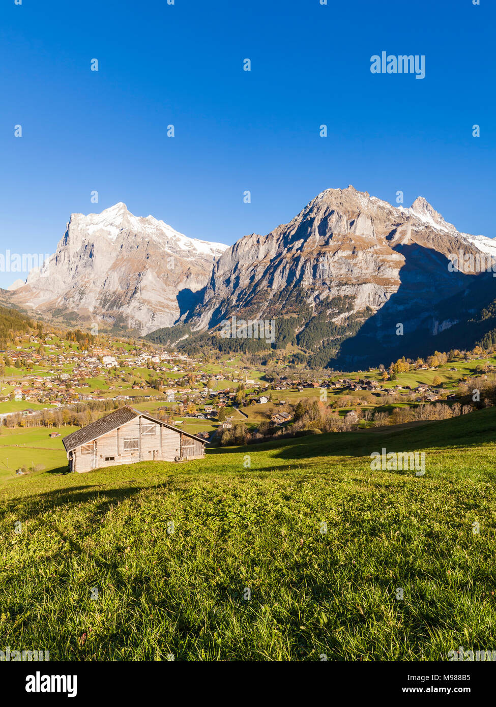 Schweiz, Kanton Bern, Berner Oberland, Grindelwald, Wetterhorn, Schreckhorn, Ferienort, Ortsansicht, Bauernhof, Scheune Stockfoto