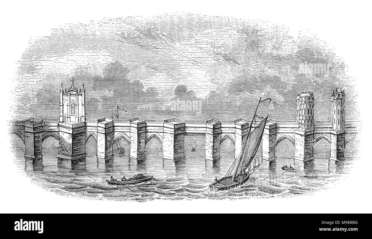 Die 'alten' London Bridge (1209 - 1831) über die Themse auf der Southwark Seite. König Heinrich II. beauftragt, eine neue Brücke aus Stein an die Stelle der alten, mit einer Kapelle im Zentrum widmet sich Becket als Märtyrer. Der Bau begann 1176 und wurde 1209 während der Herrschaft von König John beendet; es dauerte 33 Jahre. Stadt London, England Stockfoto