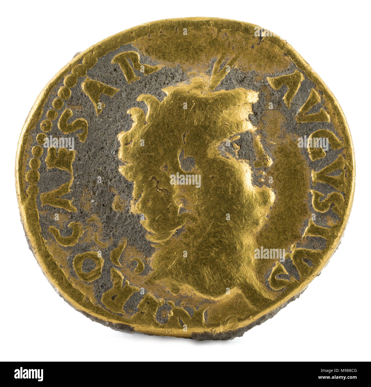 Antike römische Münze gold Aureus von Kaiser Nero. Vorderseite. Stockfoto