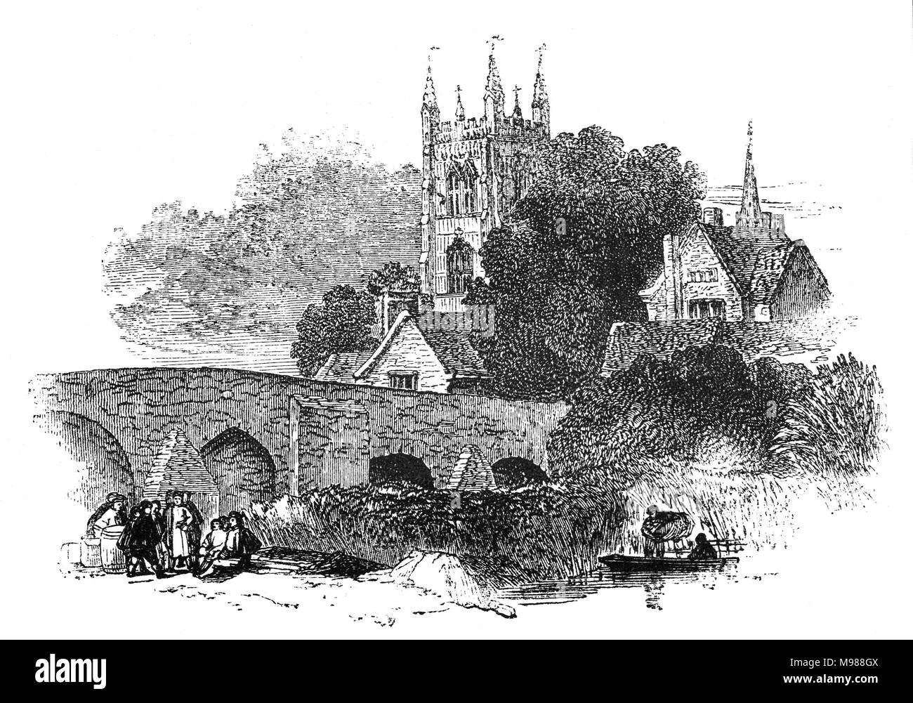 Die mittelalterliche Stadt von Evesham, entwickelt innerhalb der Mäander des Flusses Avon und ist eine Stadt in Worcestershire, England. Die Schlacht von Evesham erfolgte im August 1265 und war das zweite von zwei Schlachten des Zweiten Barons' Krieg. Es kennzeichnete den Sieg von Prinz Edward, der die 8000 starke Armee seines Vaters Heinrich III. führte, Stockfoto