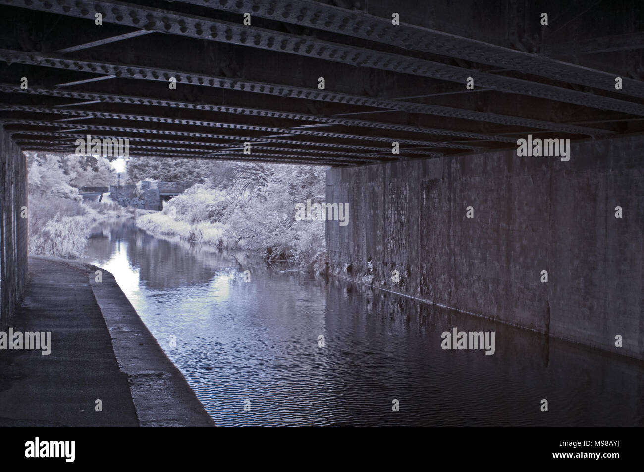 Infared Blick von unter einer Eisenbahnbrücke entlang der Bridgewater und Taunton Canal an Obridge, Taunton, Somerset, UK Stockfoto