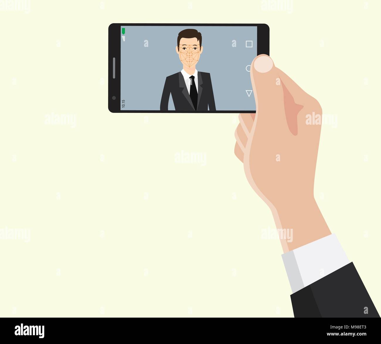 Gesichtserkennung id-Technologie mit Business mann Hand mit einem Smartphone Stock Vektor