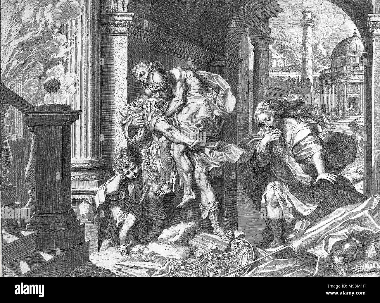 Aeneas flieht vor Troja. Gravur Stockfoto
