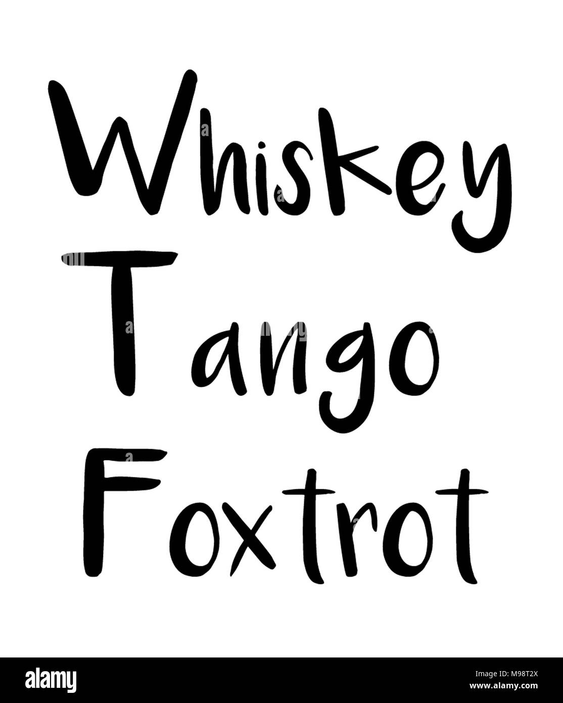 Whiskey Tango Foxtrott Schriftzug, drucken Kunst, Zeichen, Typografie, WTF Ideen und Whisky Zitate Stockfoto
