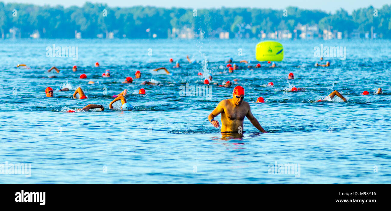 CULVER, 12. AUGUST 2017: einen männlichen Athleten watet an Land vor anderen Wettbewerbern nach dem Schwimmen Teil eines Triathlon am See Maxinkuckee in Culver, Indiana Stockfoto