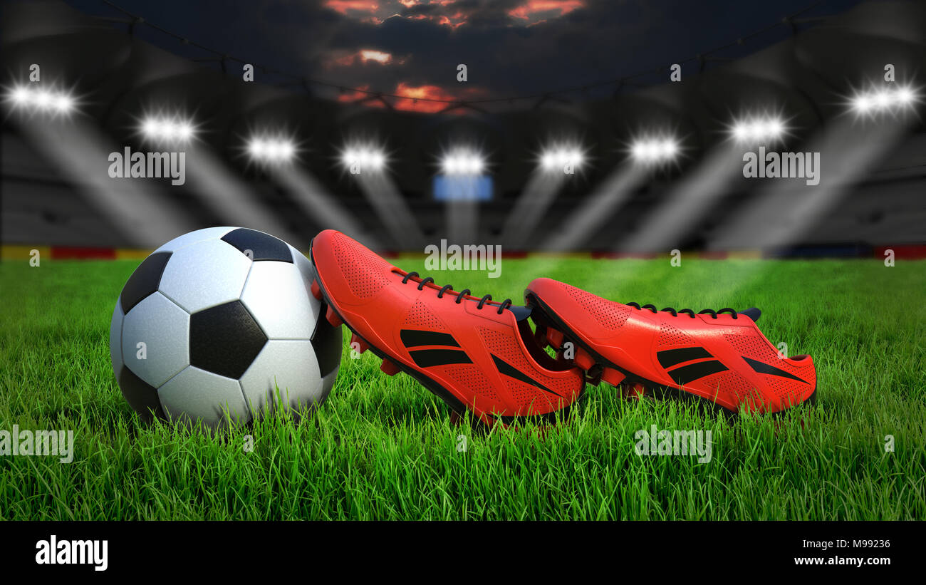 Soccer ball und Schuhe auf Gras im Stadion mit Beleuchtung in der Nacht, 3D-Rendering Stockfoto