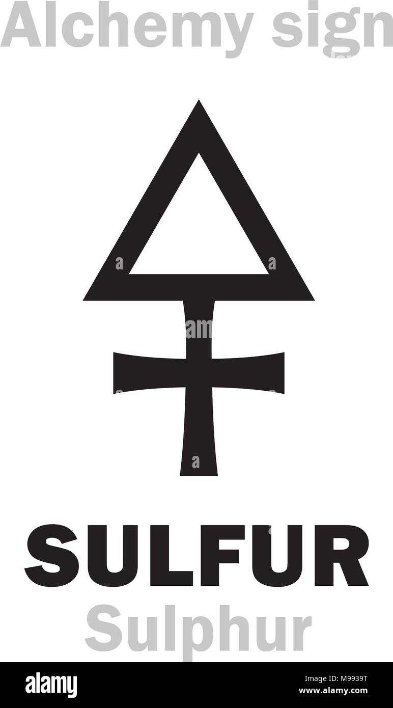 Alchemie Alphabet: Sulphur (Schwefel), einer von drei Primzahlen, enthält der alchemistischen "PHLOGISTON"; auch: Schwefel. Chemische Formel = [S]. Mittelalterliche alchemistische… Stock Vektor
