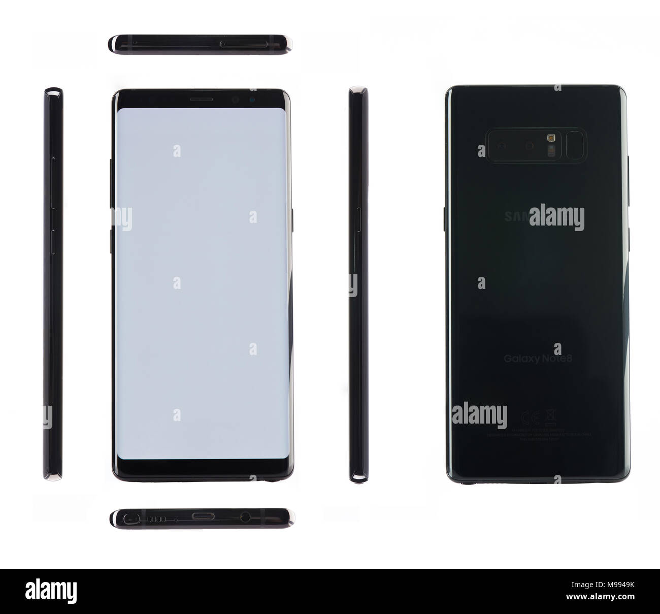 New York, USA - 21. März 2018: Unterschiedliche Ansichten von Schwarz samsung Anmerkung 8 auf weißem Hintergrund Stockfoto
