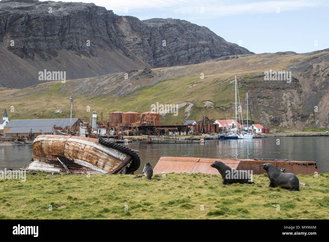 Ansicht der historischen Walfangstation in Grytviken, Südgeorgien, die stillgelegten Maschinen Stockfoto