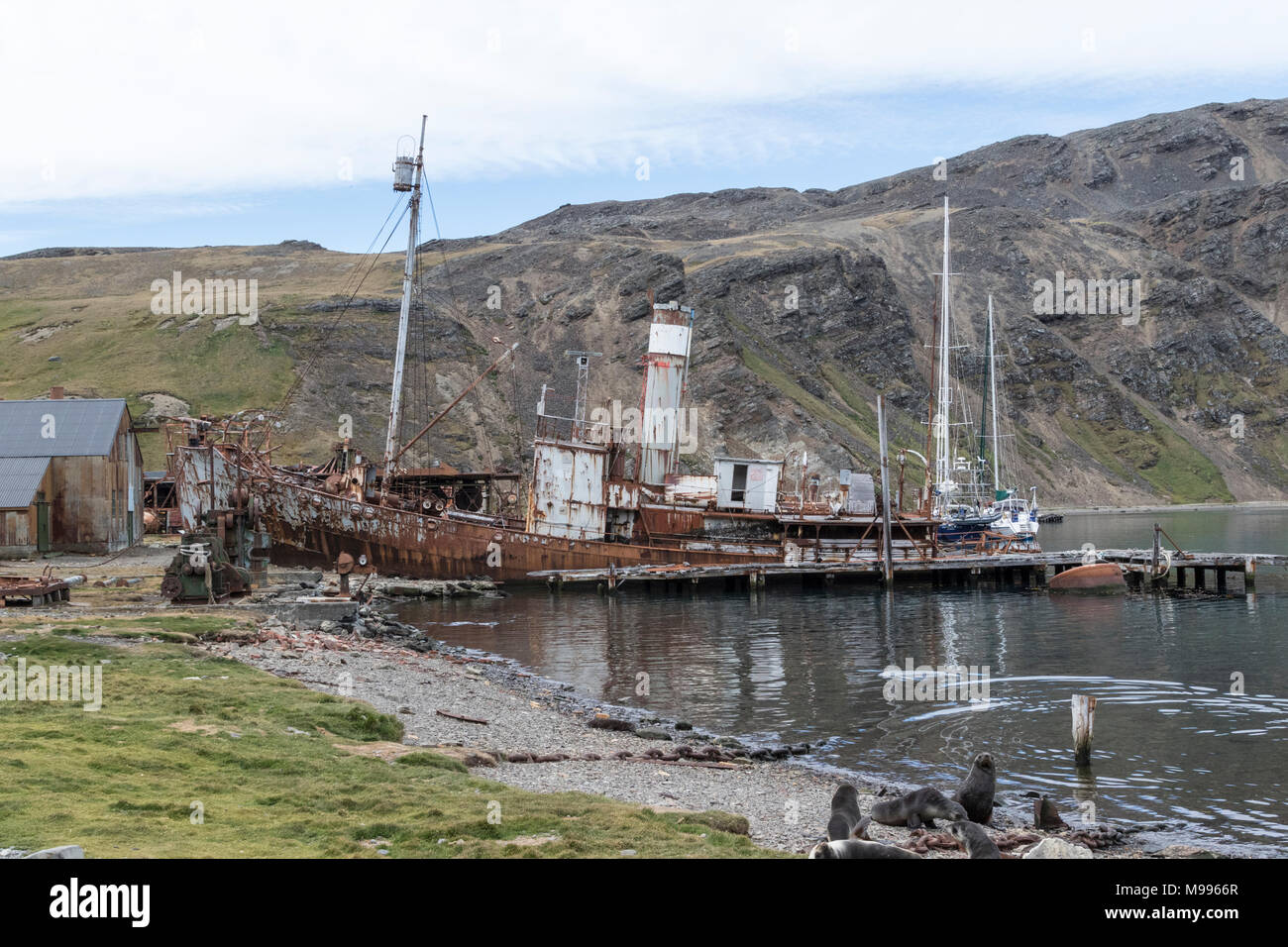 Ansicht der historischen Walfangstation in Grytviken, Südgeorgien, die stillgelegten Maschinen Stockfoto