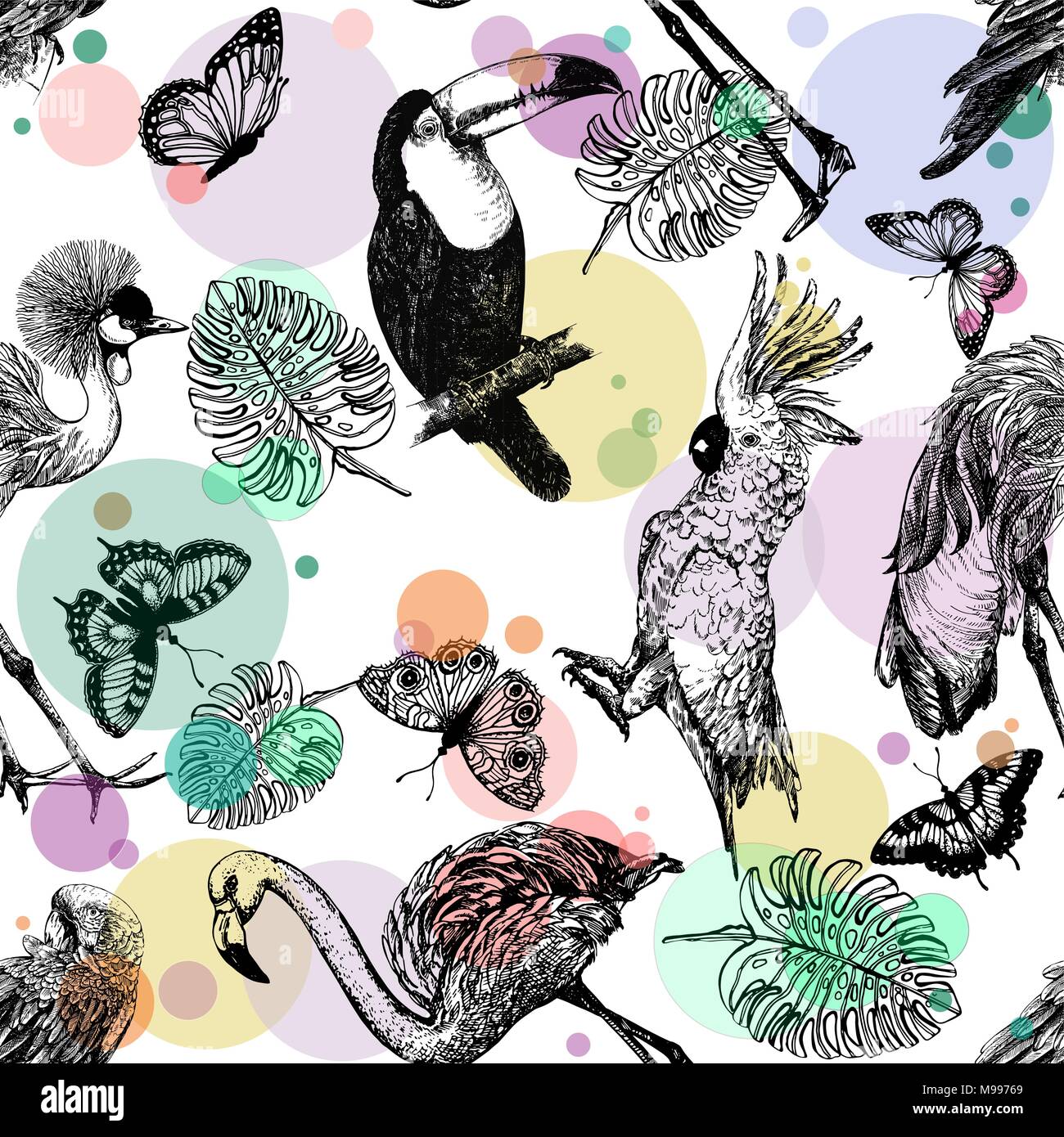 Nahtlose Muster von Hand gezeichnete Skizze Stil exotische Vögel, Pflanzen und Schmetterlinge auf weißem Hintergrund. Vector Illustration. Stock Vektor