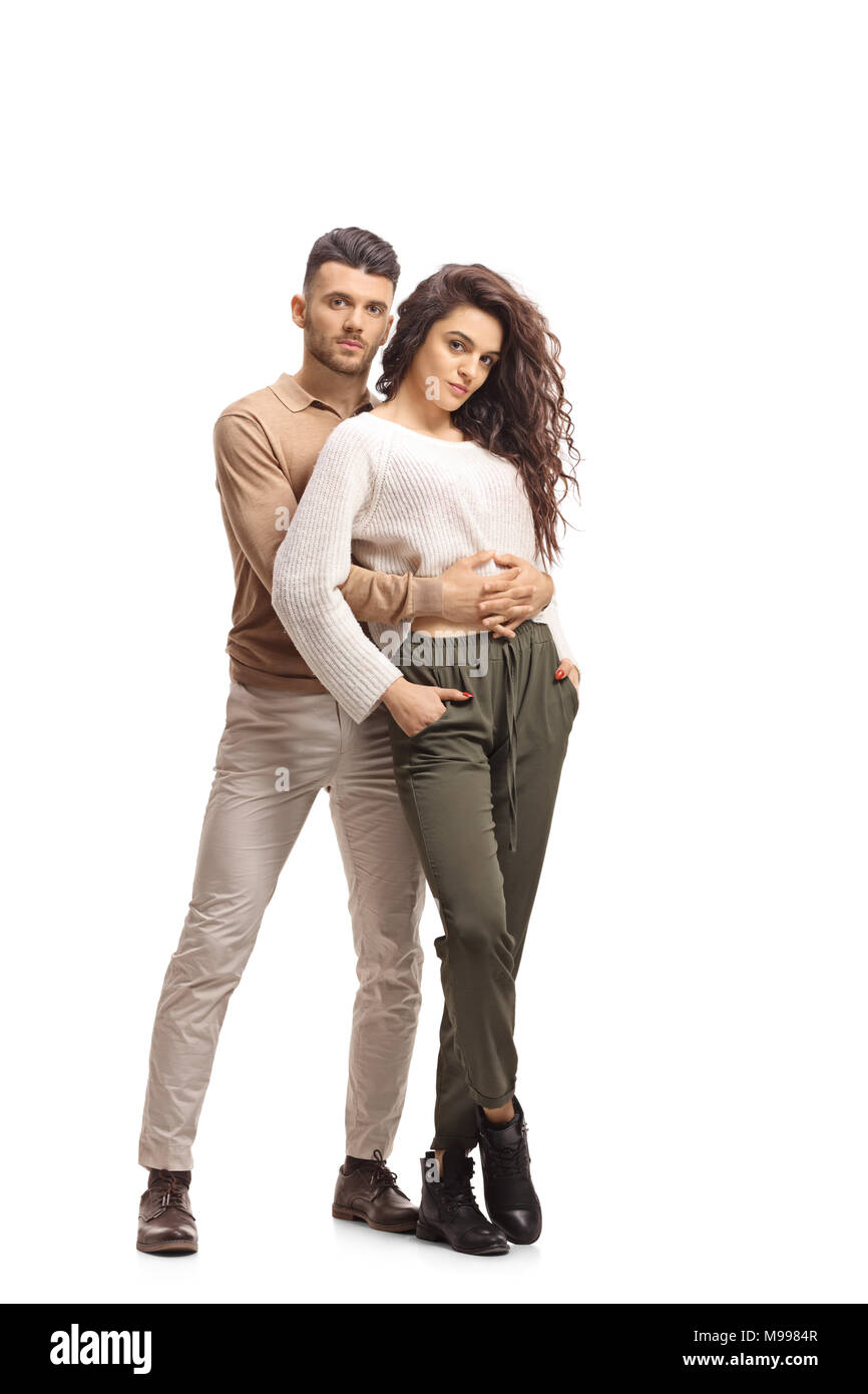 In voller Länge Porträt eines jungen Paares auf weißem Hintergrund Stockfoto