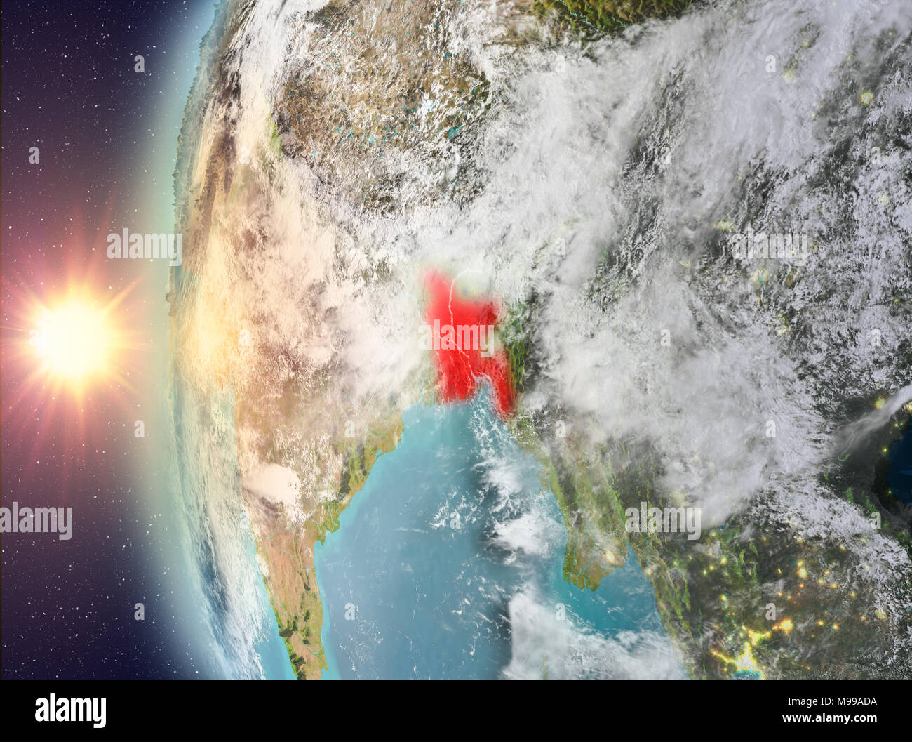 Bangladesch ab Platz auf dem Planeten Erde bei Sonnenuntergang gesehen. 3D-Darstellung. Elemente dieses Bild von der NASA eingerichtet. Stockfoto