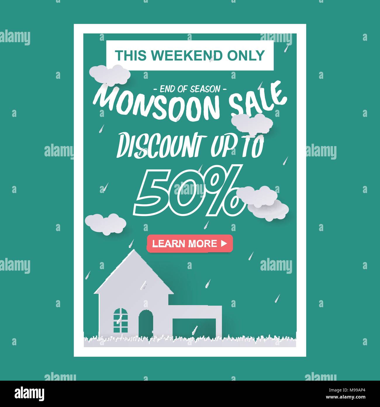 Monsun Verkauf oder Regenzeit Verkauf Angebot für Discount Promotion ads mit Haus, Wolke und Regen in Paper art Stil Stock Vektor