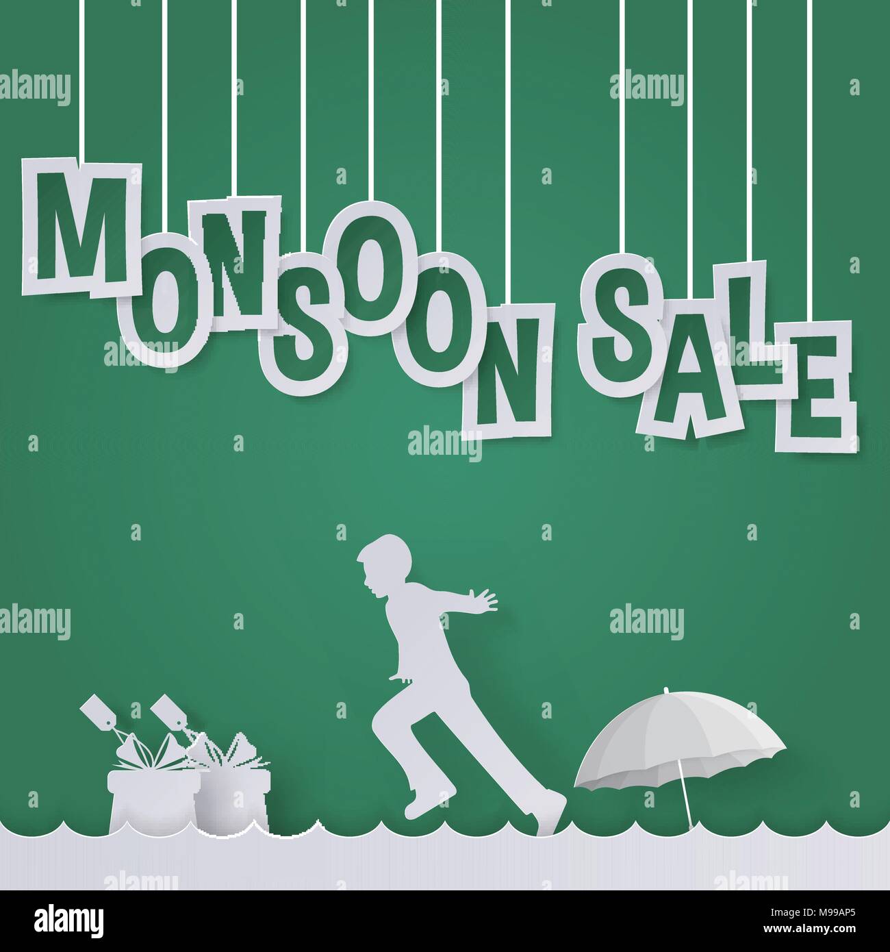 Monsun Verkauf oder Regenzeit Verkauf Angebot für Discount Promotion Werbung mit Kindern/Kid, Geschenk- und Regenschirm in Paper art Stil Stock Vektor