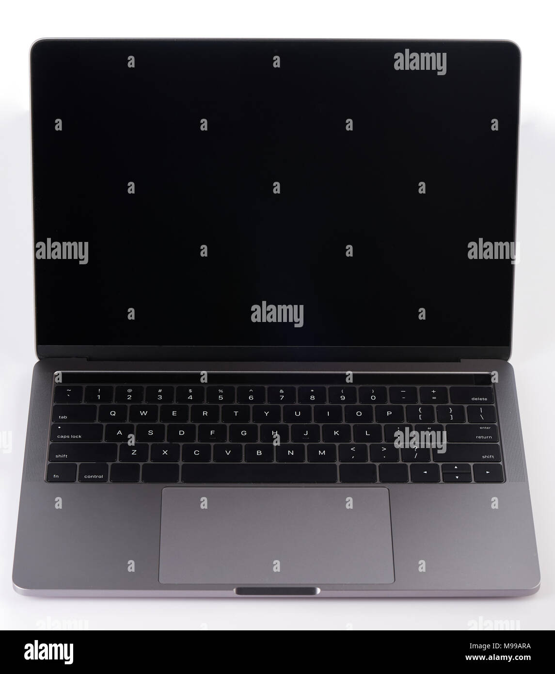 Grau modernen Laptop Vorderansicht auf weißem Hintergrund mit touch Bar isoliert Stockfoto