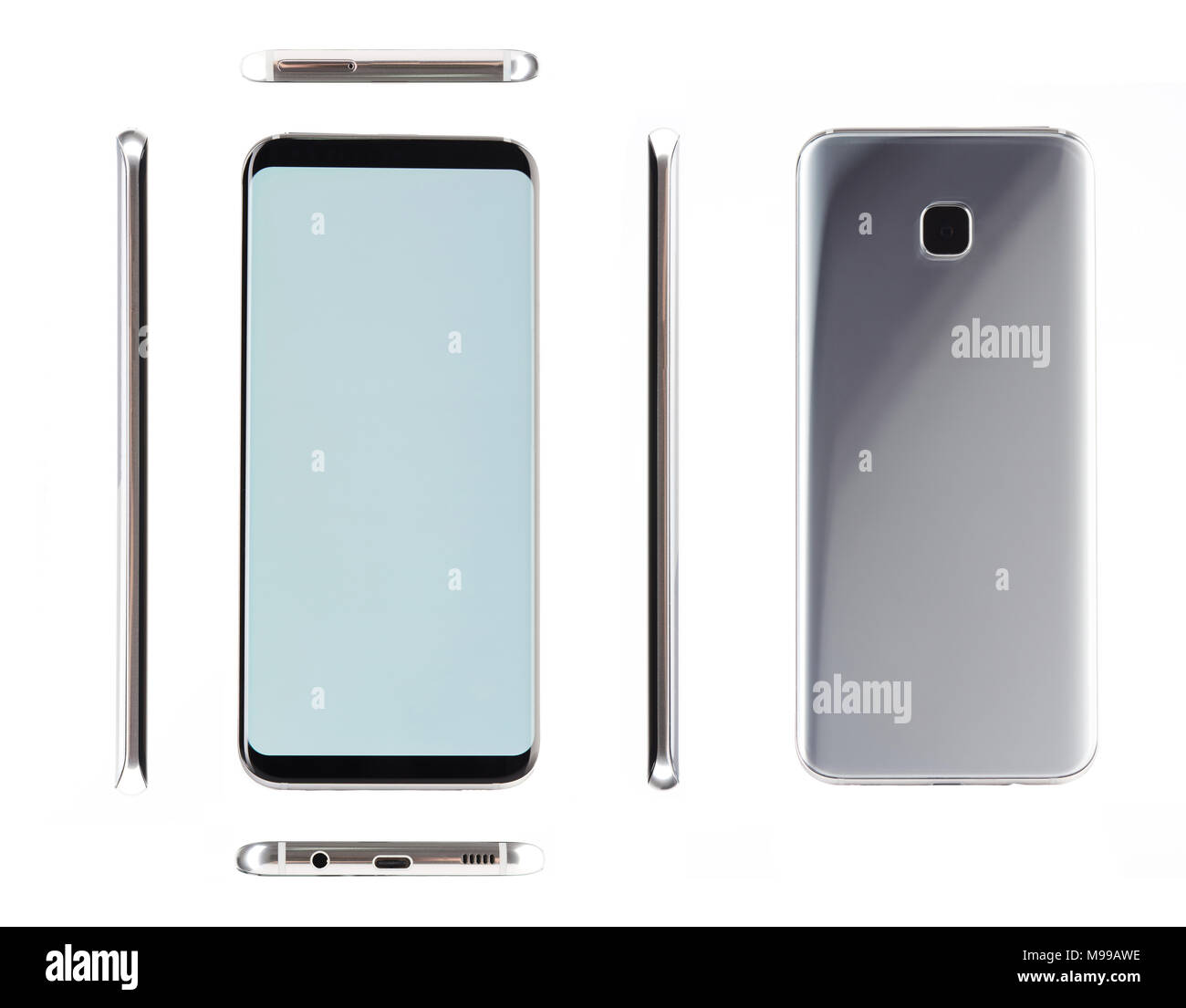 Silber generische modernen Smartphone verschiedene Ansichten auf weißem Hintergrund Stockfoto