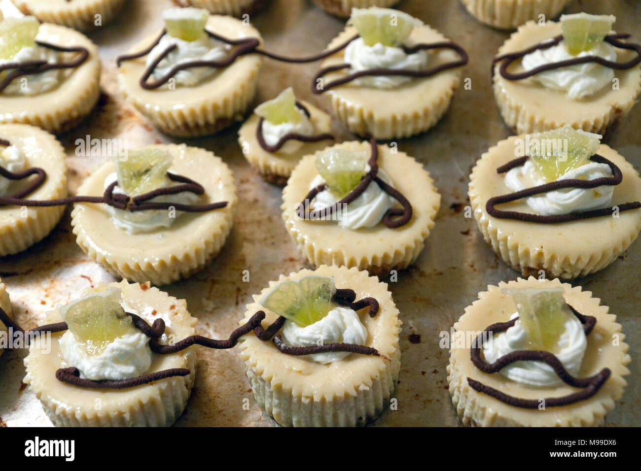 Nahaufnahme von einem Fach der leckere kleine Kalk Käsekuchen Muffins frisch aus dem Ofen mit Kalk, chococate und Sahne toppings Stockfoto