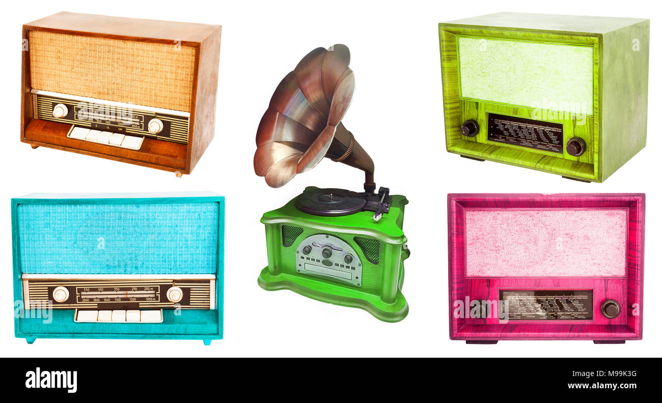 Retro Radio und grammophon Sammlung auf weißem Hintergrund Stockfoto